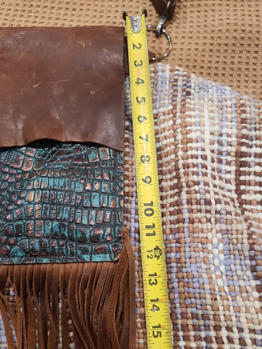 Brown Leather Fringe Crossbody Bag with Teal Croc Accent - Picture 8 of 11